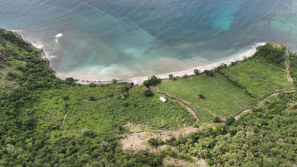 Landesia beachfront land from directly above with white sand beach and reef