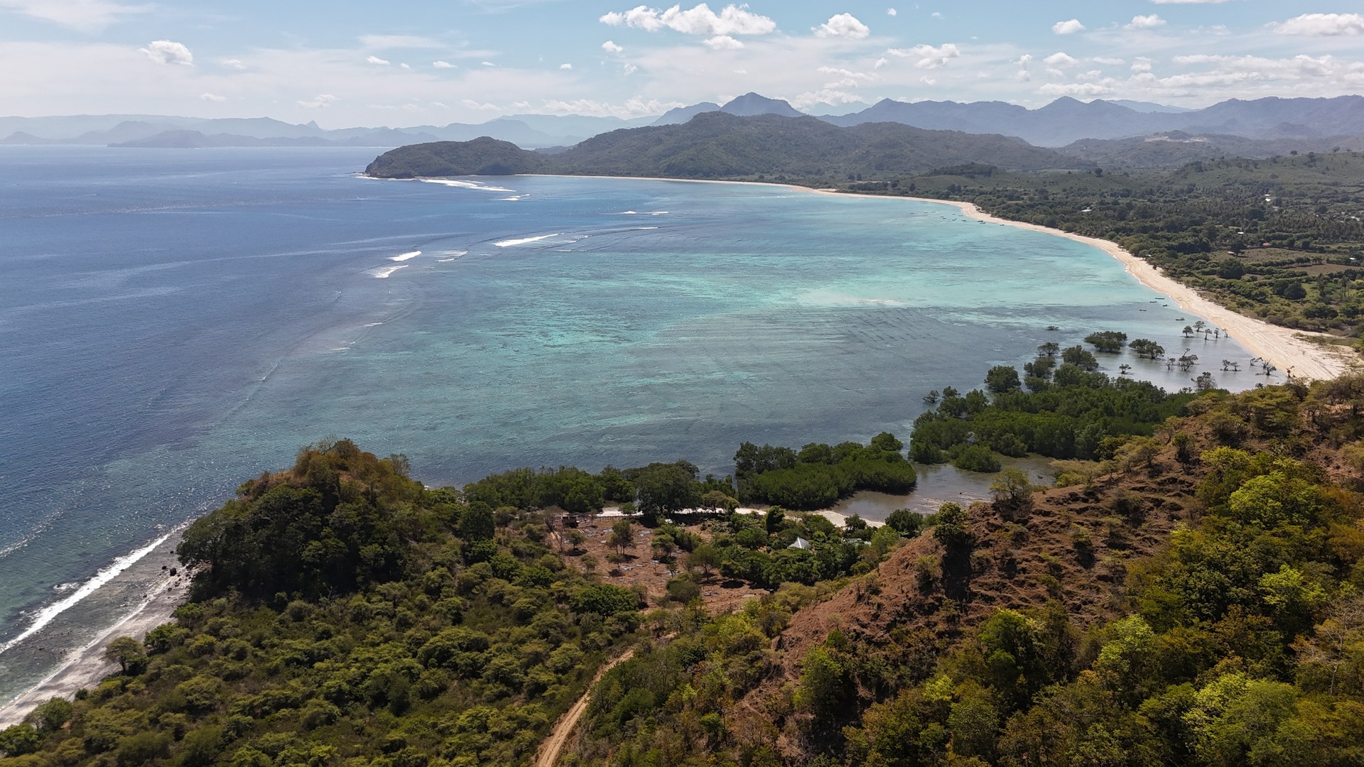 Wide aerial view of the Jelenga coast, West Sumbawa